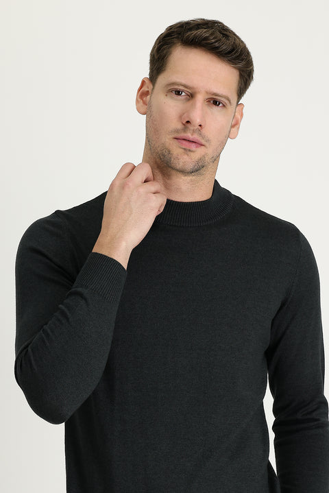 Dark Anthracite Semi-Turtleneck Regular Fit Cotton Knit Sweater