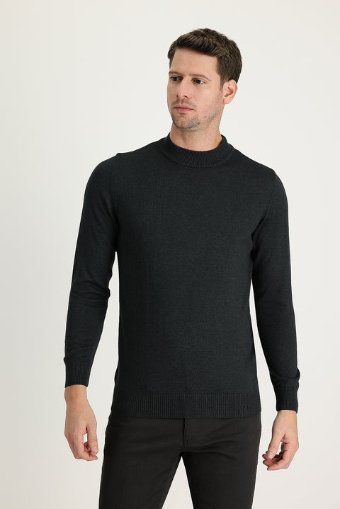 Dark Anthracite Semi-Turtleneck Regular Fit Cotton Knit Sweater