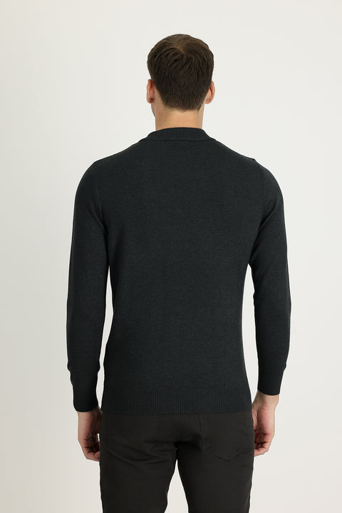 Dark Anthracite Semi-Turtleneck Regular Fit Cotton Knit Sweater