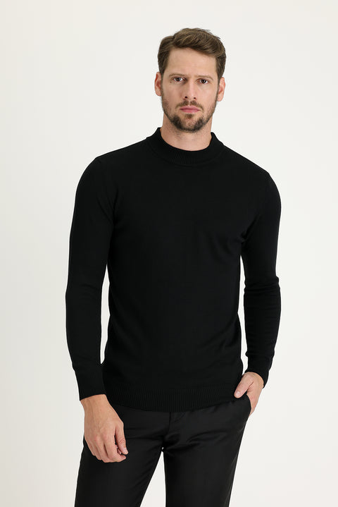Black Half Turtleneck Regular Fit Knitted Sweater