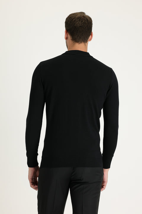 Black Half Turtleneck Regular Fit Knitted Sweater