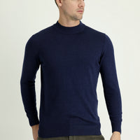 Dark Navy Semi-Turtleneck Regular Fit Cotton Knit Sweater