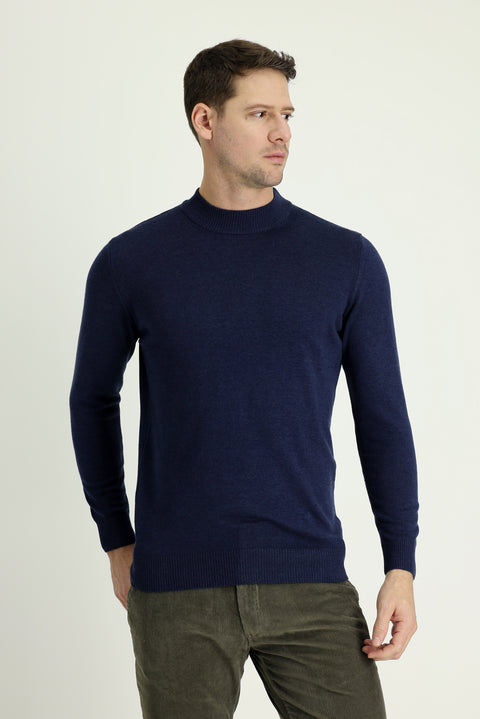 Dark Navy Semi-Turtleneck Regular Fit Cotton Knit Sweater