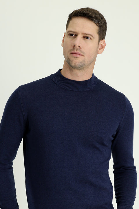 Dark Navy Semi-Turtleneck Regular Fit Cotton Knit Sweater