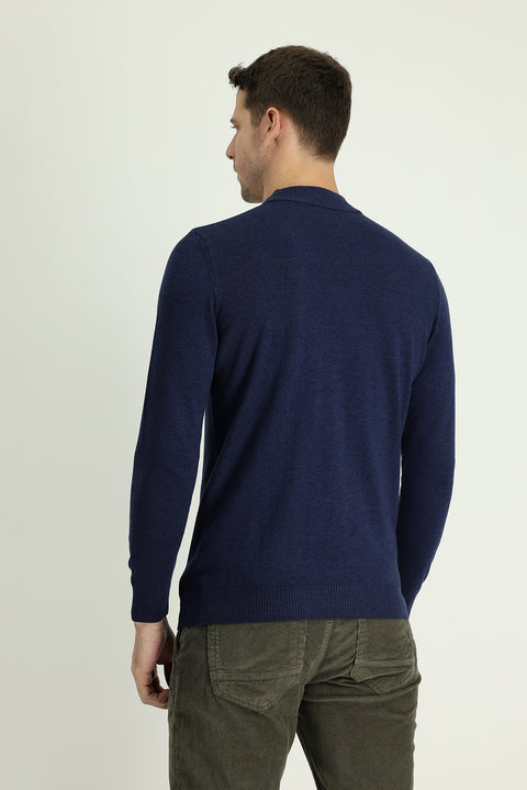 Dark Navy Semi-Turtleneck Regular Fit Cotton Knit Sweater