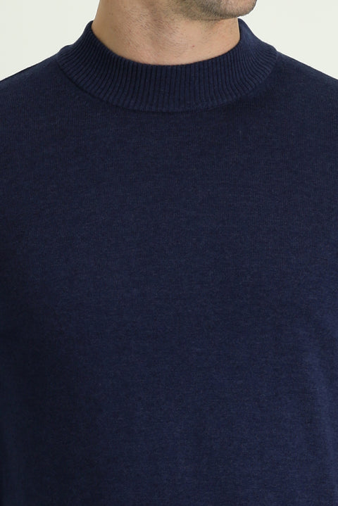Dark Navy Semi-Turtleneck Regular Fit Cotton Knit Sweater