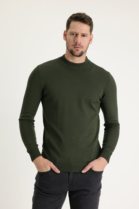 Medium Khaki Half Turtleneck Regular Fit Knitted Sweater