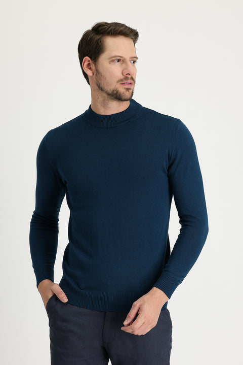Medium Petrol Half Turtleneck Regular Fit Cotton Knit Sweater