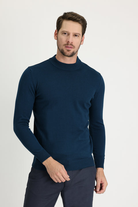 Medium Petrol Half Turtleneck Regular Fit Cotton Knit Sweater