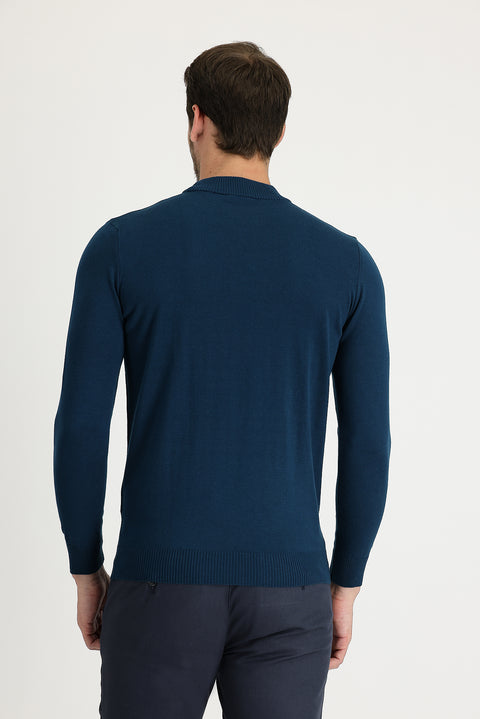 Medium Petrol Half Turtleneck Regular Fit Cotton Knit Sweater