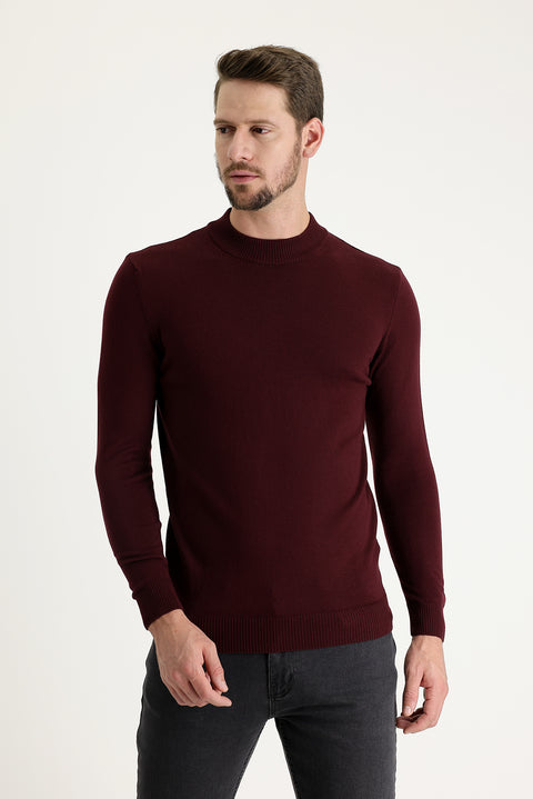 Dark Burgundy Half Turtleneck Regular Fit Knitted Sweater
