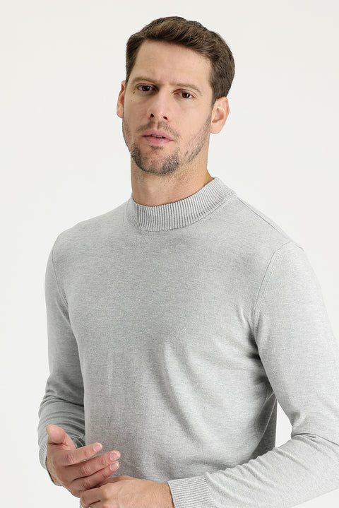 Light Grey Melange Half Turtleneck Regular Fit Knitted Sweater
