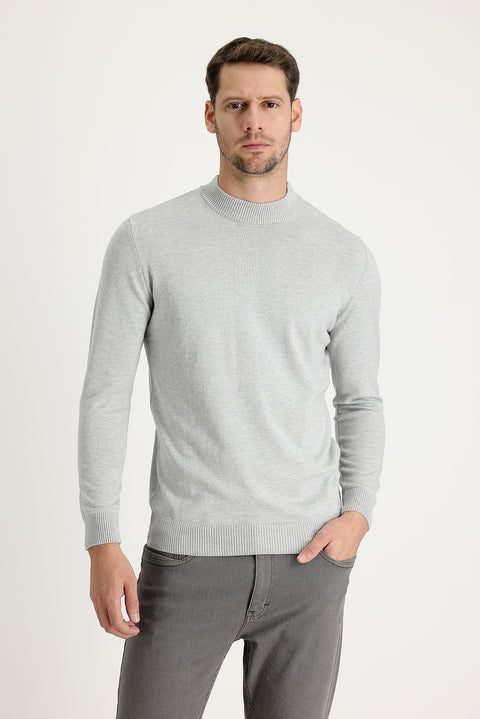 Light Grey Melange Half Turtleneck Regular Fit Knitted Sweater