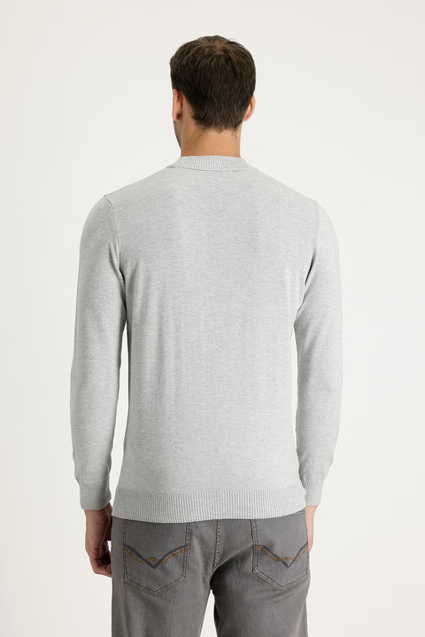 Light Grey Melange Half Turtleneck Regular Fit Knitted Sweater