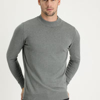 Medium Grey Melange Half Turtleneck Regular Fit Cotton Knit Sweater