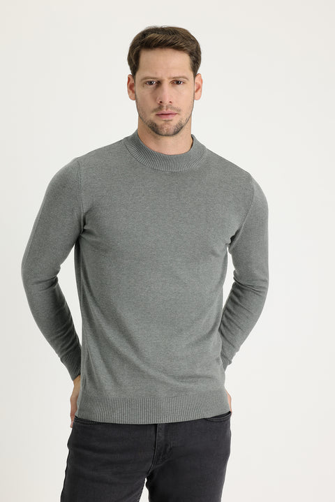 Medium Grey Melange Half Turtleneck Regular Fit Cotton Knit Sweater