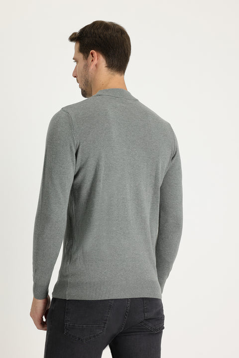 Medium Grey Melange Half Turtleneck Regular Fit Cotton Knit Sweater