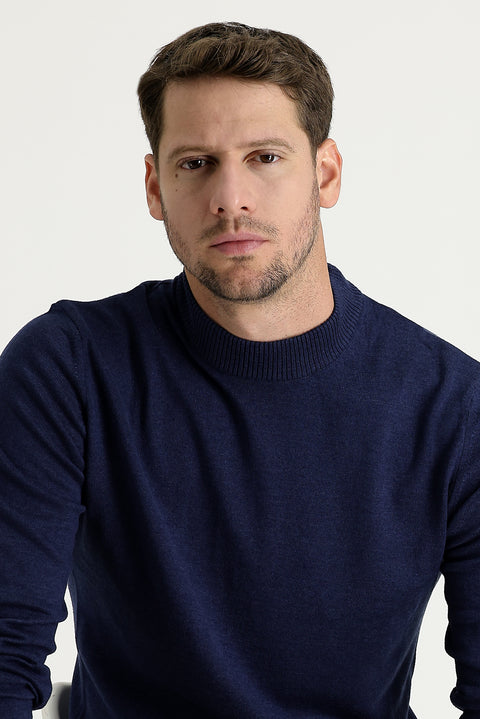 Medium Navy Melange Half Turtleneck Regular Fit Knitted Sweater