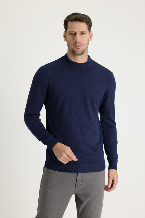 Medium Navy Melange Half Turtleneck Regular Fit Knitted Sweater