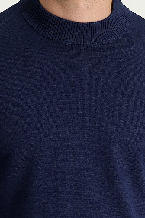 Medium Navy Melange Half Turtleneck Regular Fit Knitted Sweater