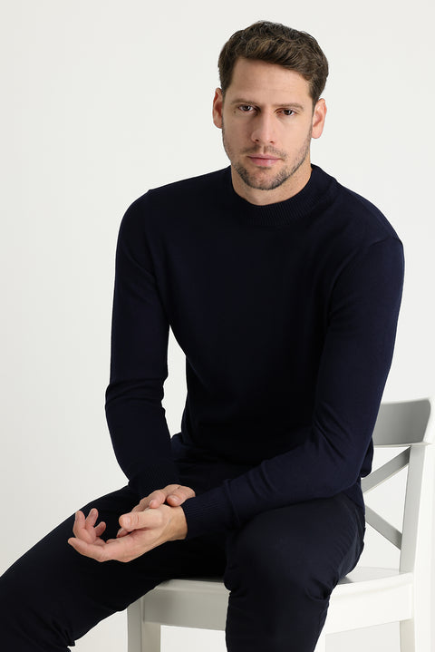 Dark Navy Semi-Turtleneck Regular Fit Knitted Sweater