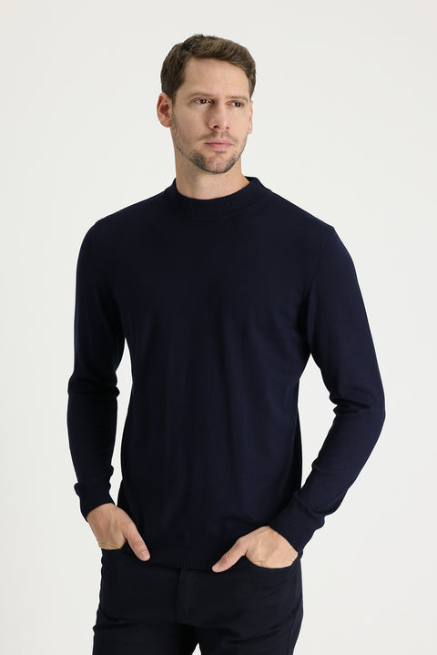 Dark Navy Semi-Turtleneck Regular Fit Knitted Sweater