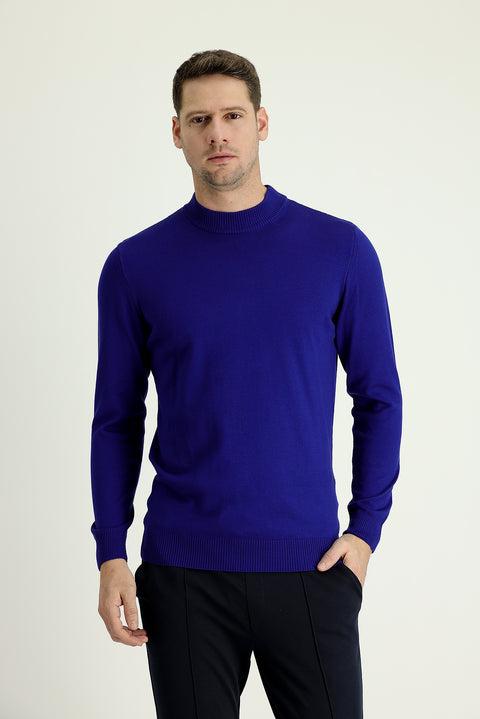 Navy Blue Half Turtleneck Regular Fit Knitted Sweater