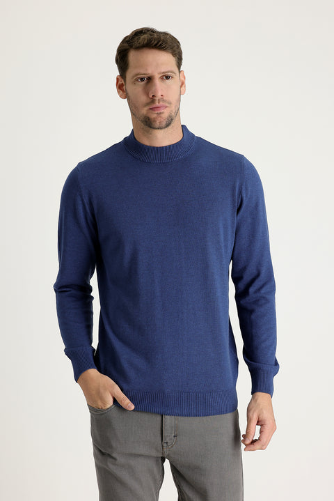 Indigo Melange Half Turtleneck Regular Fit Knitted Sweater