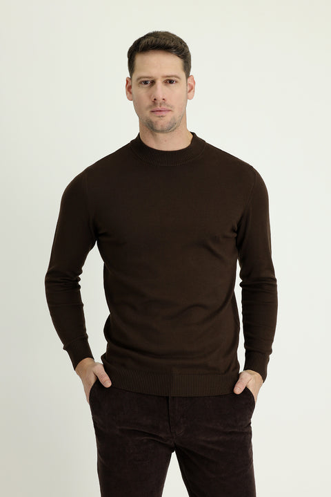 Dark Brown Semi-Turtleneck Regular Fit Knitted Sweater