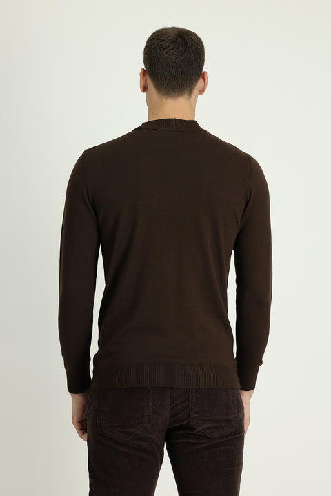 Dark Brown Semi-Turtleneck Regular Fit Knitted Sweater