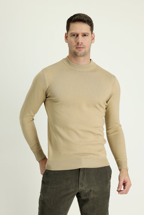 Light Beige Half Turtleneck Regular Fit Knitted Sweater