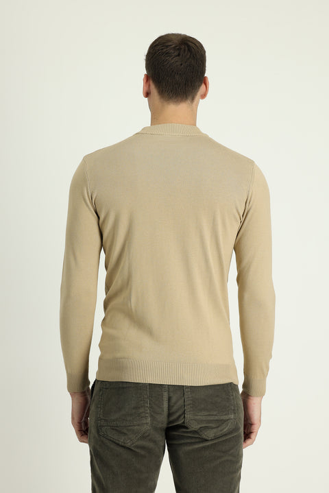 Light Beige Half Turtleneck Regular Fit Knitted Sweater