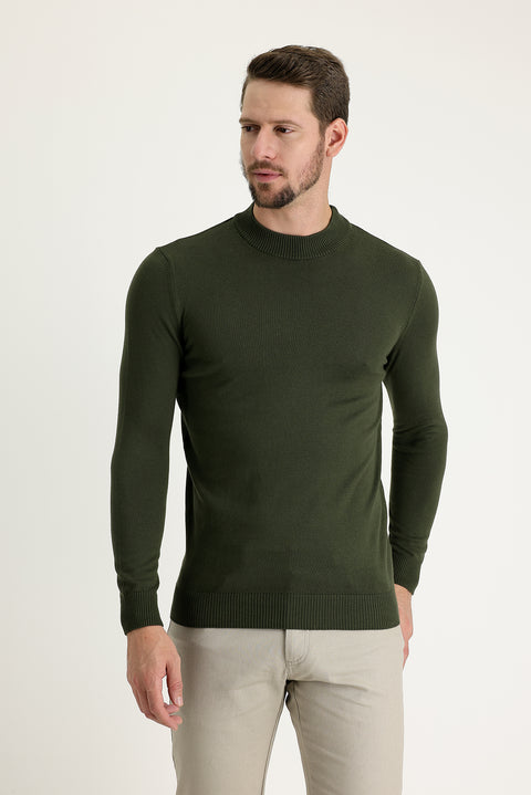 Medium Khaki Half Turtleneck Regular Fit Knitted Sweater