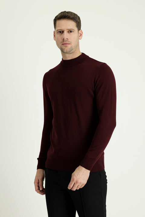 Dark Burgundy Half Turtleneck Regular Fit Knitted Sweater