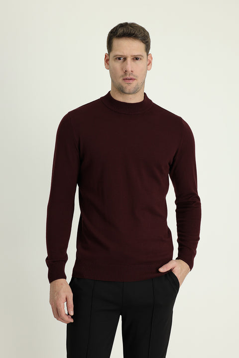 Dark Burgundy Half Turtleneck Regular Fit Knitted Sweater