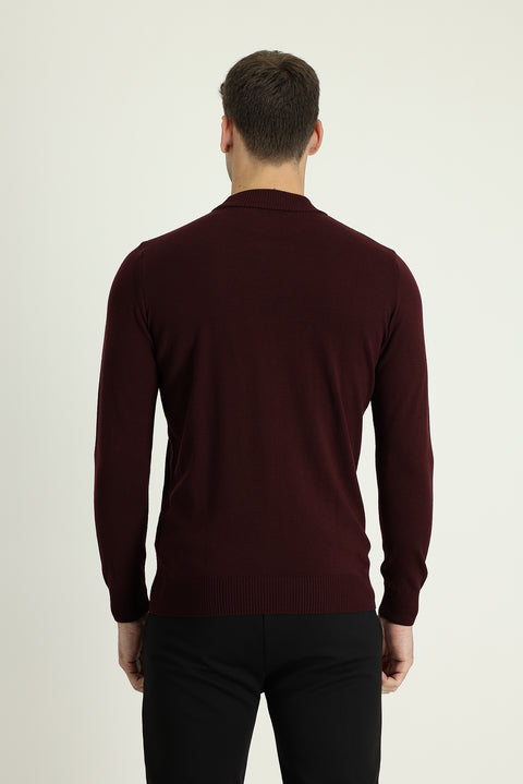 Dark Burgundy Half Turtleneck Regular Fit Knitted Sweater