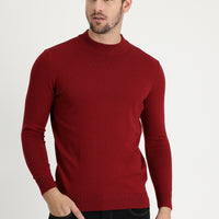 Dark Red Semi-Turtleneck Regular Fit Cotton Knit Sweater