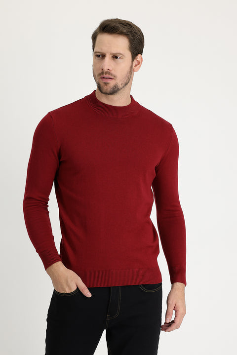 Dark Red Semi-Turtleneck Regular Fit Cotton Knit Sweater