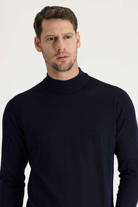 Dark Navy Semi-Turtleneck Regular Fit Knitted Sweater