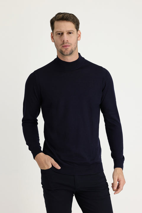 Dark Navy Semi-Turtleneck Regular Fit Knitted Sweater