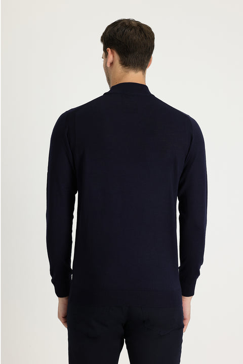 Dark Navy Semi-Turtleneck Regular Fit Knitted Sweater