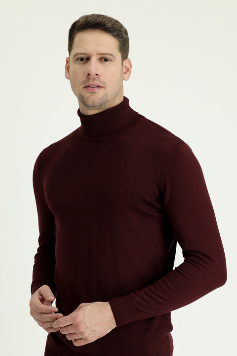 Koyu Bordo Balıkçı Yaka Regular Fit Pamuklu Triko Kazak