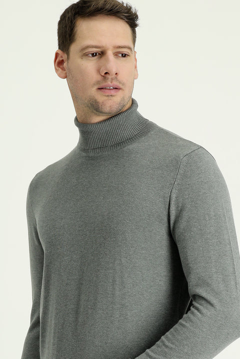 Medium Grey Melange Turtleneck Regular Fit Cotton Knit Sweater