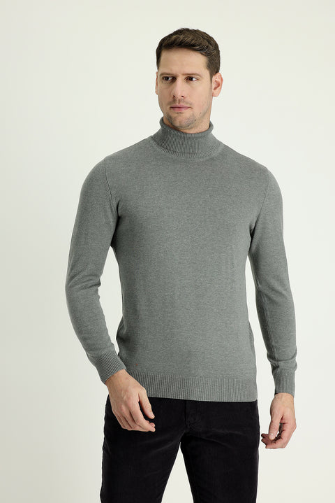 Medium Grey Melange Turtleneck Regular Fit Cotton Knit Sweater