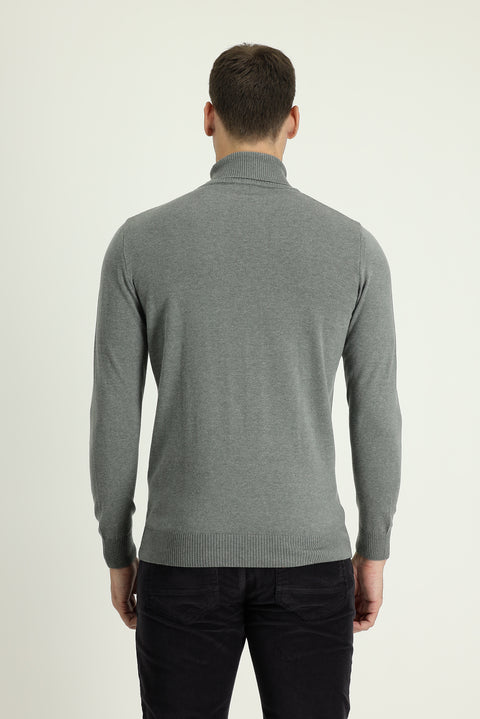 Medium Grey Melange Turtleneck Regular Fit Cotton Knit Sweater