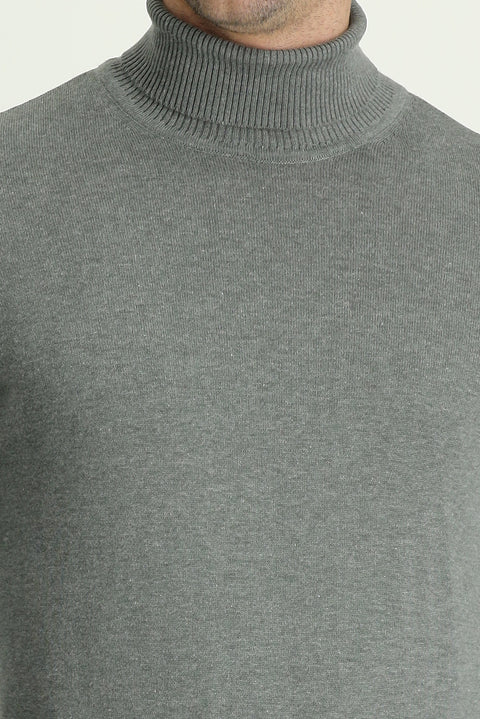 Medium Grey Melange Turtleneck Regular Fit Cotton Knit Sweater