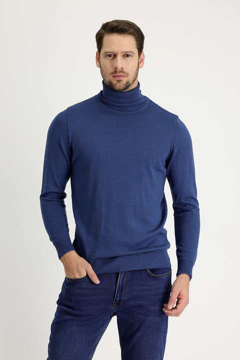 İndigo Melanj Balıkçı Yaka Regular Fit Pamuklu Triko Kazak