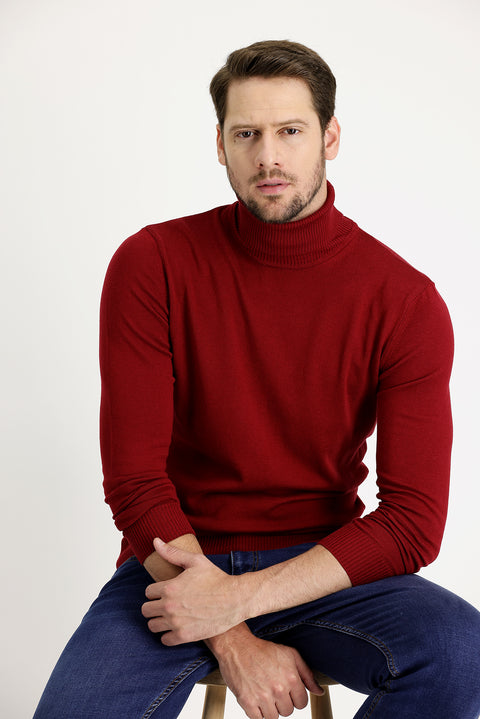 Dark Red Turtleneck Regular Fit Cotton Knit Sweater