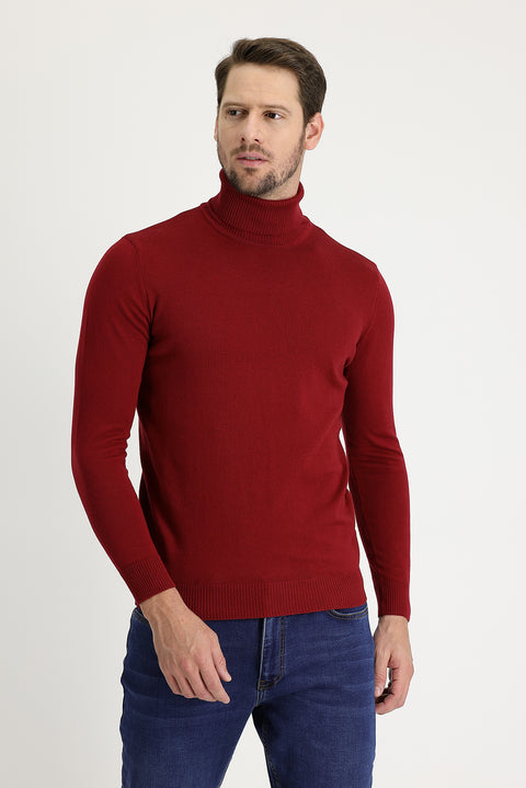 Dark Red Turtleneck Regular Fit Cotton Knit Sweater