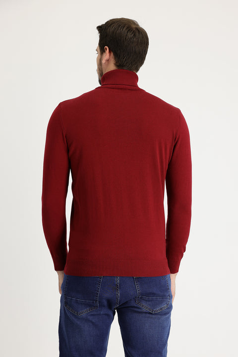 Dark Red Turtleneck Regular Fit Cotton Knit Sweater